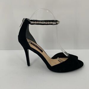 Nina black suede sandal heel shoe peeptoe clear crystal ankle strap formal 8.5